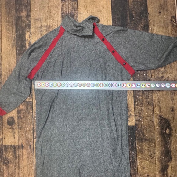 Vintage Fiocchi Gray Red Trim Turtleneck Dress Button Shoulder Made in Italy L - Picture 6 of 9